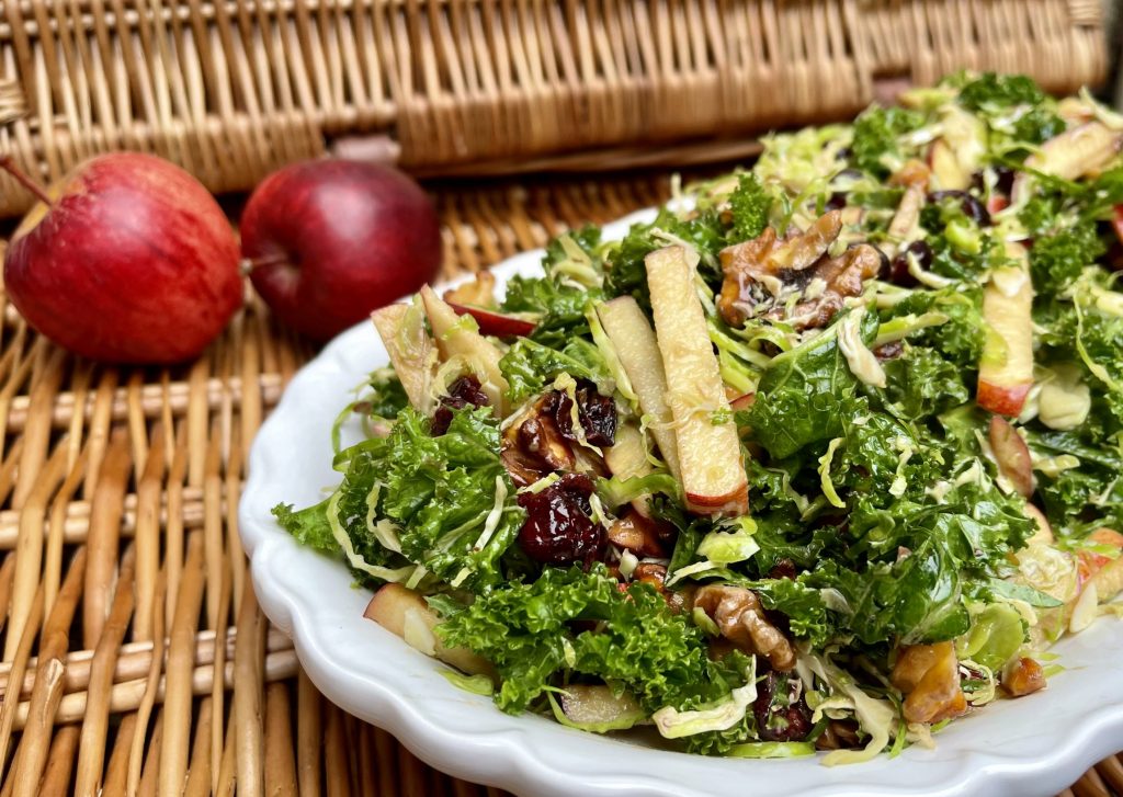 Kale, brussels sprouts, apple, and cranberry salad