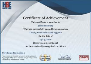 Jasmine Savery - Food Hygiene Level 3 Certification